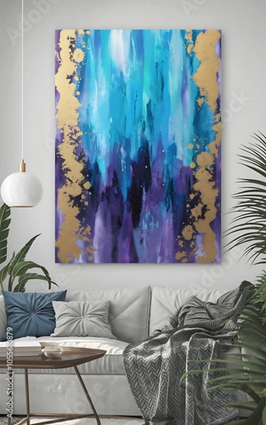 Fototapeta Abstract gold and blue painting on a white wall above a grey sofa  perfect for modern home decor   