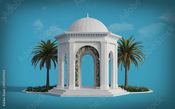 Obraz White marble gazebo with palm trees and floral accents  perfect for a romantic wedding or special event   