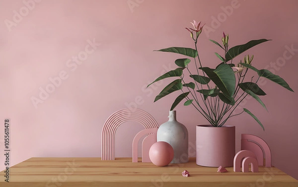 Obraz Minimalist pink and green plant still life with geometric shapes on wooden table  perfect for modern interior design   