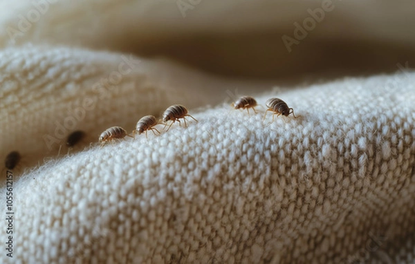 Fototapeta Bed bugs infestation. Small bed bugs crawling on the bottom of a white couch fabric, sofa, armchair.