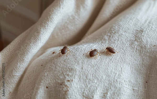 Fototapeta Bed bugs infestation. Small bed bugs crawling on the bottom of a white couch fabric, sofa, armchair.