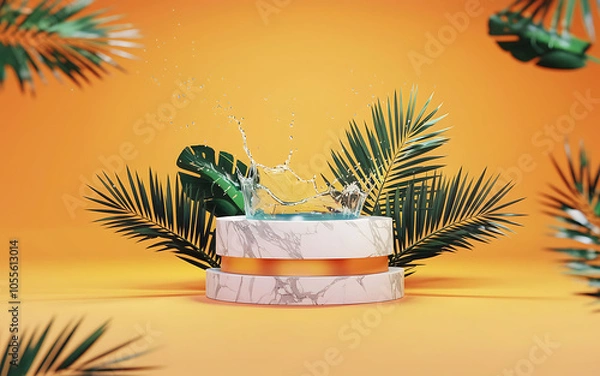 Obraz Water splash on marble podium with green palm leaves  summer tropical product display 