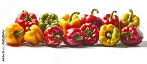 Fototapeta Copy space image featuring red and yellow peppers against a white backdrop