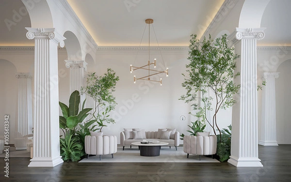 Obraz White columns  green plants  and a modern sofa in a luxurious interior design   