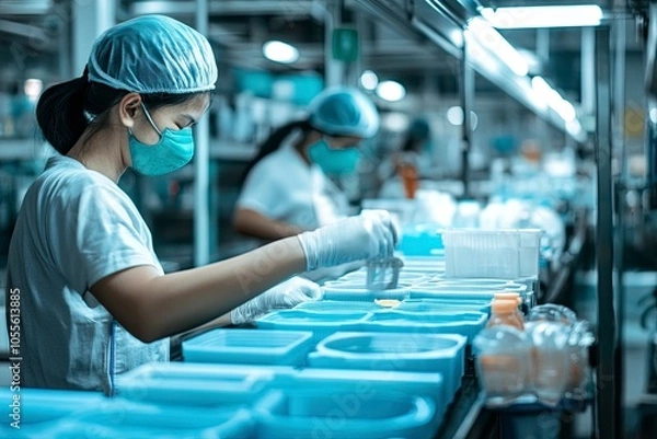 Fototapeta workers work in plastic household product making factory. plastic product making process in factory. Generative ai