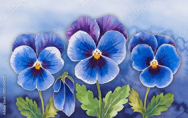 Obraz Watercolor blue and purple pansies on a blue background  spring floral design   