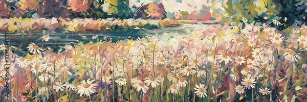 Obraz White daisies and green foliage in a field with a river in the background  painted in a vibrant  impressionistic style  showcasing the beauty and tranquility of nature   