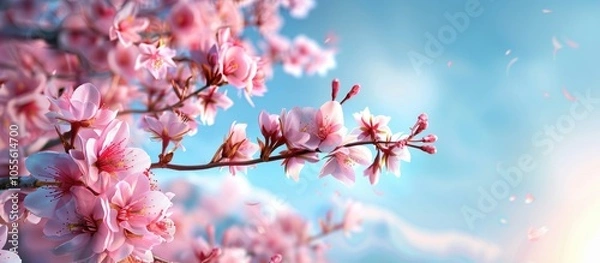 Fototapeta Close up of a cherry blossom branch against a blue sky with ample copy space image