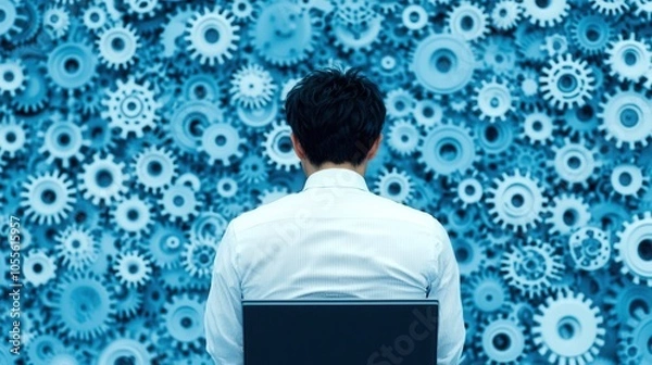 Fototapeta Businessman contemplating in front of blue gears, symbolizing innovation and problem-solving.