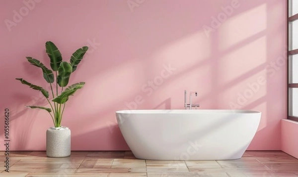 Fototapeta A white bathtub sits in a modern bathroom with a pink wall. wooden floor. and a large window Sunlight shines through the window and casts a warm glow on the room