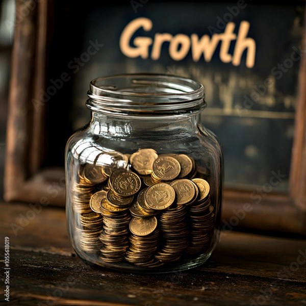 Fototapeta Gold Coins in a Glass Jar with a Growth Chart in the Background, Symbolizing Financial Growth and Investment Strategies