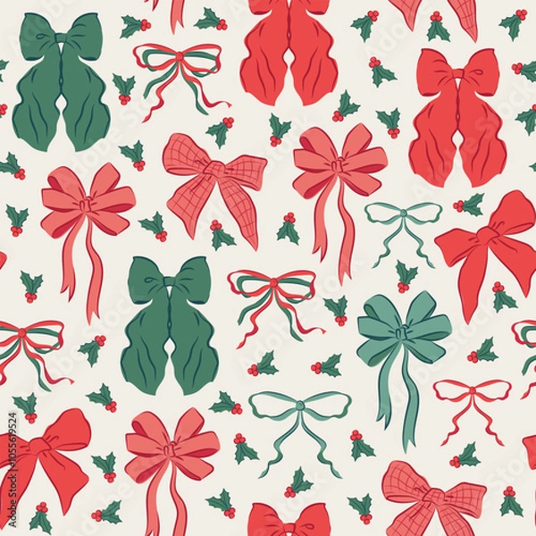 Obraz Green and red bows retro vector pattern. New year presents ribbons background with mistletoe