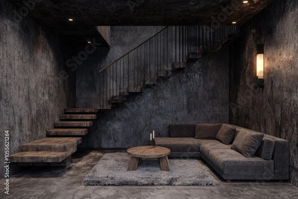 Obraz Modern industrial loft living room with concrete walls, wooden stairs, and cozy furniture. space features dark color palette, creating stylish and inviting atmosphere