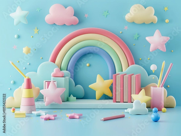 Obraz A soft pastel logo with books, pencils, and a rainbow, symbolizing fun learning. Suitable for schools, educational apps, and children's programs