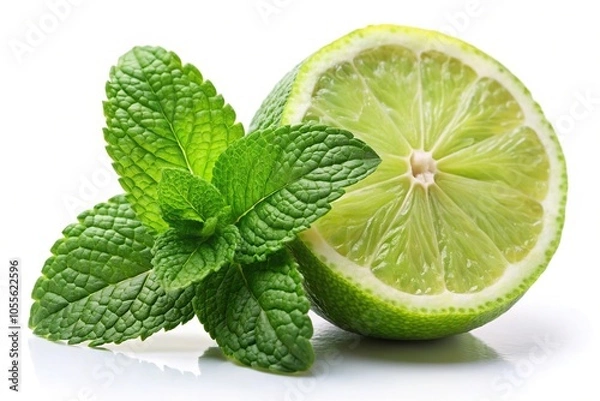 Fototapeta Fresh lime slices with mint leaves isolated on white background