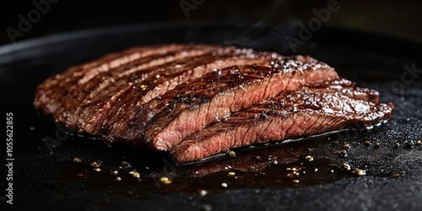 Fototapeta a steak is cooking on a black plate