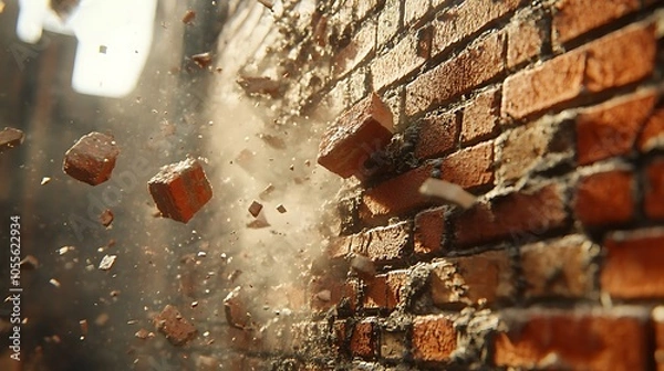 Fototapeta A brick wall being broken through by a hammer