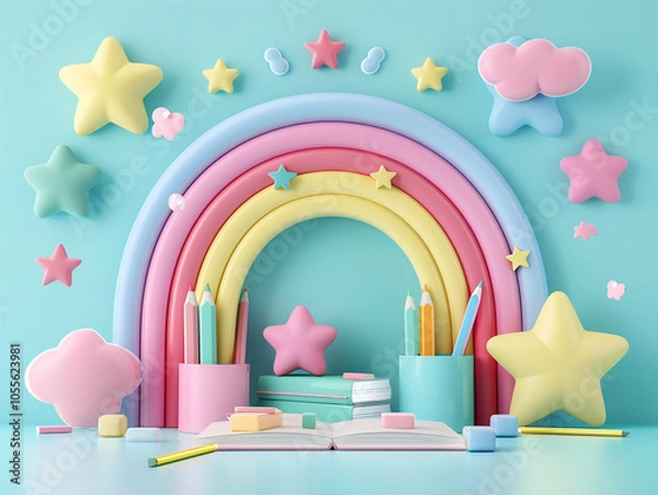 Obraz A soft pastel logo with books, pencils, and a rainbow, symbolizing fun learning. Suitable for schools, educational apps, and children's programs