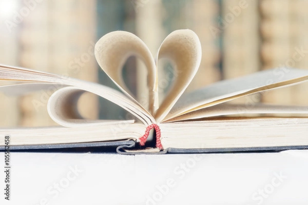Fototapeta Open book on wooden sill and window place. City views.