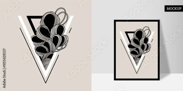 Fototapeta Wall art is hand-painted. Line art is black on a light background. Wavy lines in triangles. Poster with geometric shapes. Vector illustration. Design for print card, cover, wallpaper, home decor.