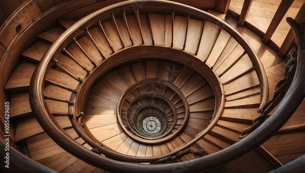 Obraz Top view of wooden spiral staircase showcasing intricate patterns and craftsmanship