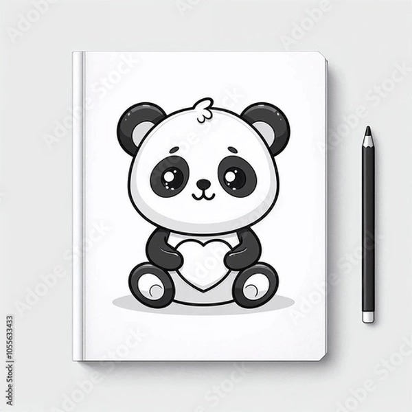 Obraz Cute panda with heart illustration on notebook cover, cartoon style