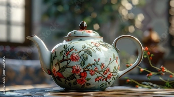 Fototapeta Handcrafted ceramic teapot with custom painted botanical illustrations, showcasing fine art and traditional craftsmanship, perfect for decorative use or as a unique gift.