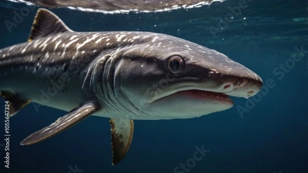Fototapeta A close-up of a shark swimming underwater, showcasing its features and environment.