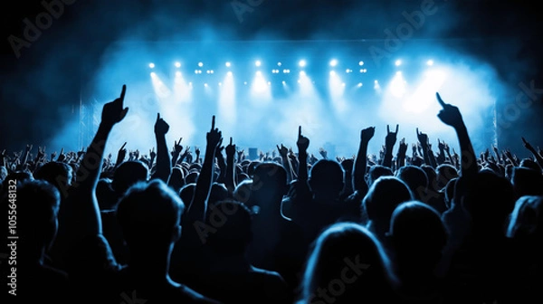 Obraz Silhouettes of concert audience with raised hands in music festival setting with bright stage lights and smoke
