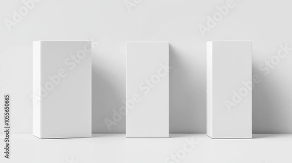 Obraz Set of white tall packaging boxes showcasing side and front perspectives ideal for minimalist product presentations