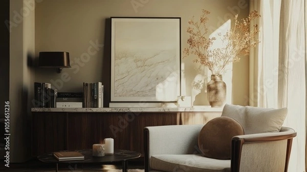 Fototapeta Aesthetic composition of cozy living room with mock up poster frame, marble console, stylish armchair, round pillow, vase with flowers, coffee table, books, candle and accessories