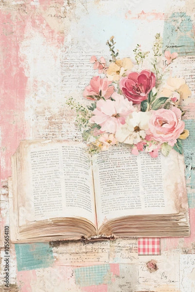 Fototapeta A double-page junk journal background with vintage papers