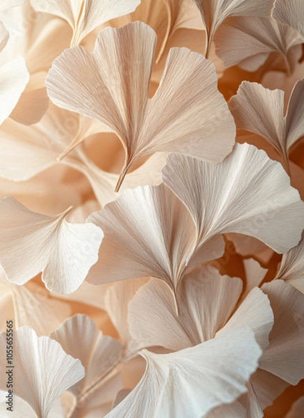 Fototapeta Close-up of ginkgo leaves, with light brown and white colors, layered paper art style