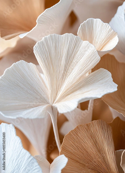 Fototapeta Close-up of ginkgo leaves, with light brown and white colors, layered paper art style