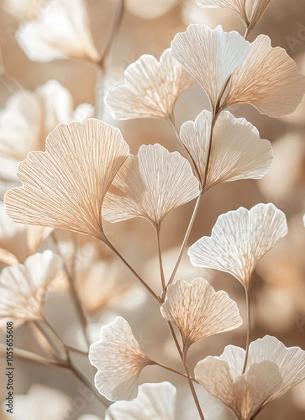 Fototapeta Close-up of ginkgo leaves, with light brown and white colors, layered paper art style