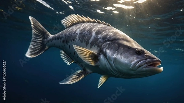Fototapeta A large fish swimming gracefully in clear ocean waters, illuminated by sunlight.