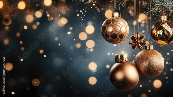 Obraz Festive New Year greeting card featuring elegant golden decorations against a dark backdrop