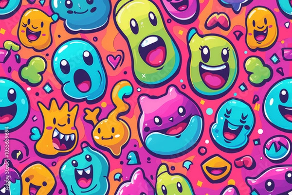 Fototapeta Vibrant cartoon monsters party pattern. Generative AI image