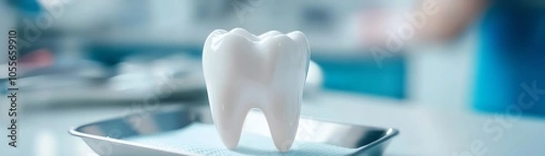 Fototapeta Close-up of a single pristine tooth resting on a dental tray, symbolizing oral health and hygiene in a clinical setting.
