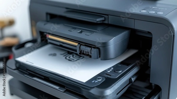 Fototapeta Close-up of a modern inkjet printer in operation, with a single sheet of paper being printed. The image focuses on the paper output, showing the printer's detailed control panel and mechanics.