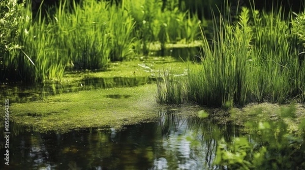 Fototapeta Vibrant wetland featuring lush green grasses and a serene pond