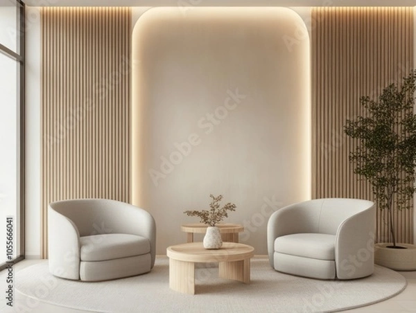 Fototapeta Soft beige walls, light gray seating, and simple wooden decor in a minimalist waiting room for a warm, modern feel