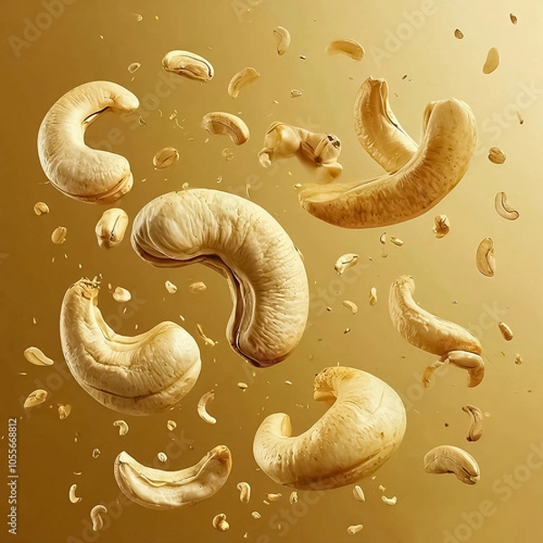 Fototapeta Cashew nuts and pieces flying on bronze background. Sample for design