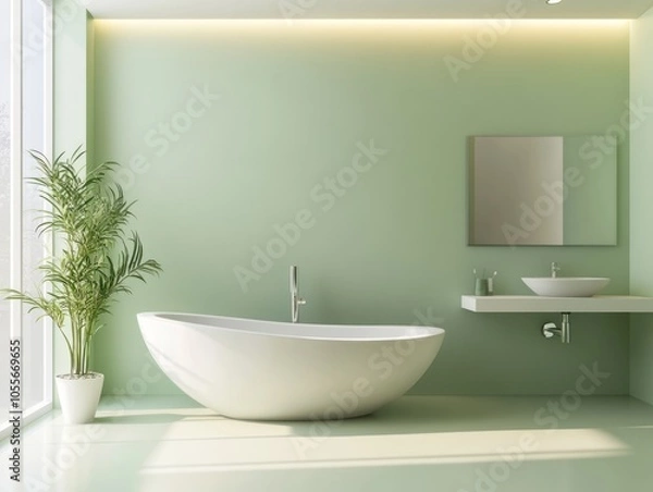 Fototapeta Soft green walls in a contemporary bathroom featuring recessed lighting and floating sink