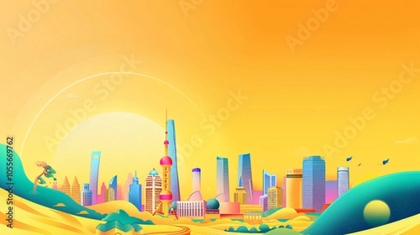 Obraz A colorful vector cityscape on a bright yellow background, with a shining sun adding warmth and energy. The cheerful urban landscape is perfect for posters, presentations, and digital branding