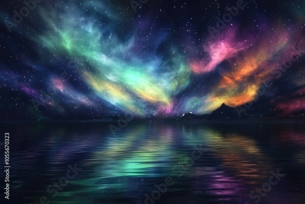 Fototapeta Night Sky with Colorful Aurora Borealis Reflecting in Still Water