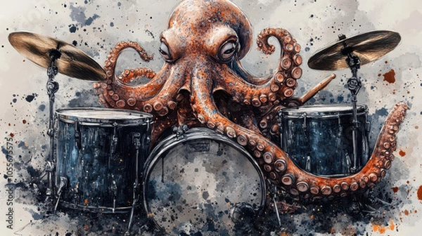 Obraz Creative octopus drummer sketch with vibrant colors and ink splashes