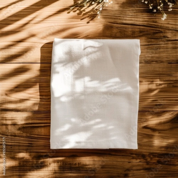 Obraz Flat lay mockup of a white linen tea towel on a wooden table with some decorations