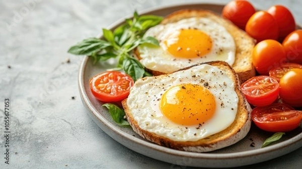 Fototapeta Vibrant breakfast spread featuring colorful eggs fresh tomatoes and crispy toast elegantly arranged on a plate ideal for promotional use with space for text