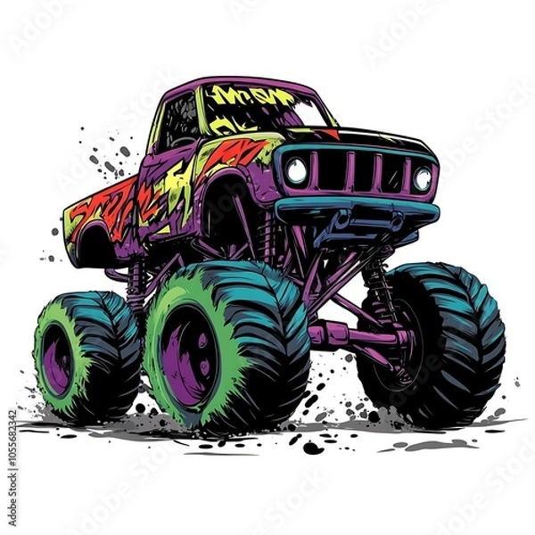 Fototapeta A cartoon monster truck with oversized tires and a wild design on a white background.
